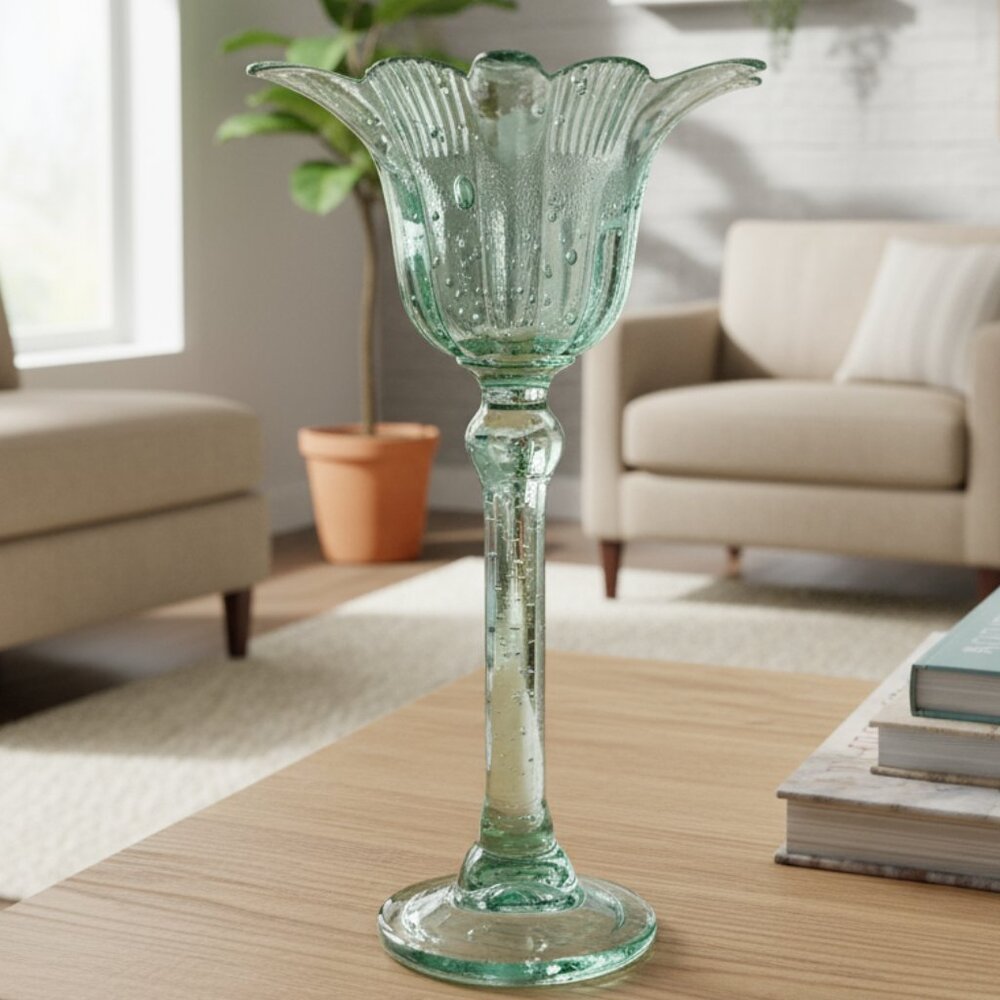 Gorgeous Tall Green Glass Candle Holder / Trinket Dish Handmade Recycled Glass